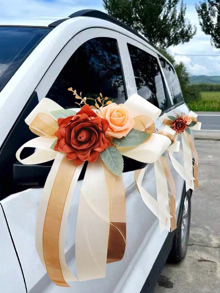 1件玫瑰花后视镜装饰，花卉婚车装饰，楼梯扶手，走廊门把手蝴蝶结玫瑰装饰 - 彩色 - 查看 1