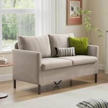 Linen Fabric Modern Small Loveseat Sofa Couch For Living Room, 51" W Little Upholstered 2-Seater Mini Love Seats W/Iron Legs For Small Space, Apartment, Bedroom, Dorm, Office (Dark Grey) - 米色 - 查看 1