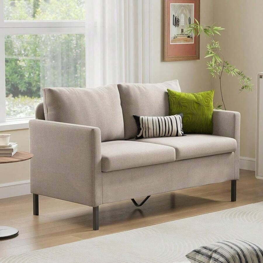 Linen Fabric Modern Small Loveseat Sofa Couch For Living Room, 51" W Little Upholstered 2-Seater Mini Love Seats W/Iron Legs For Small Space, Apartment, Bedroom, Dorm, Office (Dark Grey) - 米色 - 查看 1