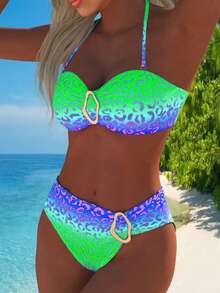 Women's Sexy Gradient Leopard Print Metal Buckle Bust Backless Tie Front Bikini Swimsuit, Summer Beach Holiday - Gradient Blue-green - View 5