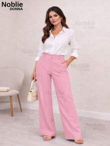 Women's Tailored Dress Pants, Wide Leg, With Zipper, Pockets, And Button, For Office Use. - Baby Pink - View 3