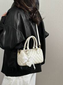 New Fashionable Bowling Bag For Women, Plaid Handbag, Versatile Crossbody Cylinder Bag With Chic Vibe, Spring/Summer - Beige - View 5