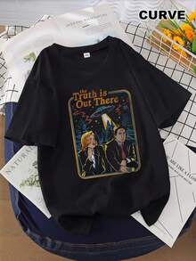 Plus Size Women's Black "Truth Is Out There" Graphic T-Shirt - UFO & Starry Night Design, Soft Stretch Crew Neck Short Sleeve Top, Machine Washable Casual Tee For All Seasons, Retro Print Shirt, Comfortable Fit Shirt - màu đen - Xem 1