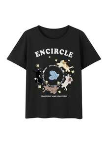 2026 Summer New Women's Round Neck Casual Loose Cute Cat & English Letter Print T-Shirt, Sweet Girl Student Commute Versatile Short Sleeve Tee, 1pc - Black - View 4