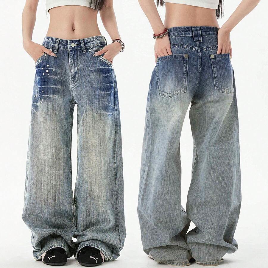 Womens Rivet Wide Leg Jeans Low Rise Baggy Jeans Straight Denim Pants Fall - 復古藍 - 查看 1