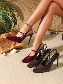 10.5CM Pointed Toe High Heel Shoes, Elegant Slingback Stilettos With Ankle Strap, Mirrored PU Material, Burgundy Color, Comfortable & Versatile For Daily Wear, Party, Holiday, Date - Burgundy - View 4
