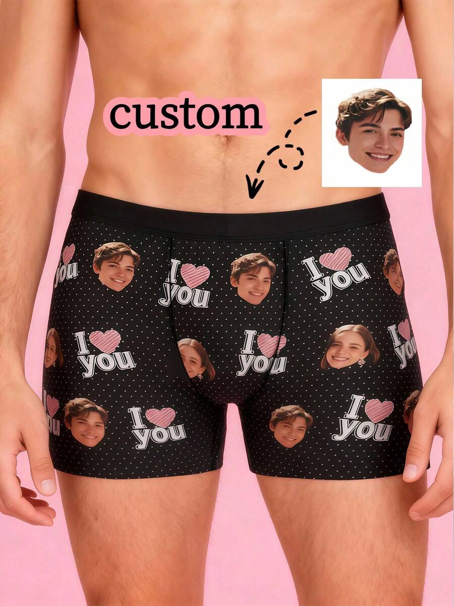 1pc Customized Couple Photo Polka Dot Print Black Elastic Fabric Comfortable Fitted Romantic Personalized Underwear, Valentine's Day Gift - Multicolor - View 1
