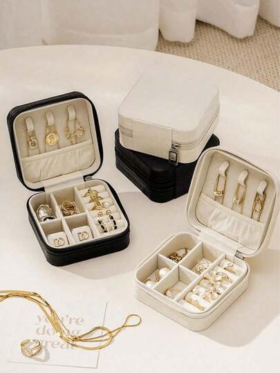 1个极简主义首饰盒，便携式PU首饰收纳盒，夏季旅行首饰整理盒，迷你首饰盒，适合耳环、项链、戒指等首饰的展示和收纳，大容量首饰盒，也适合收纳耳环、戒指、项链、手链、美甲用品等，母亲节、圣诞节、万圣节送给女性的礼物，女性旅行必备收纳用品