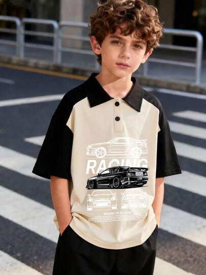 Boys' Casual Polo Shirt, Minimalist Design With Playful Race Car & Letter Print, Short Sleeve, Suitable For Spring/Summer New Kids Wear