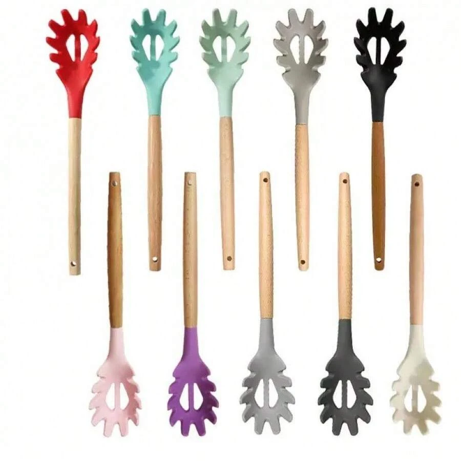 [Free Shipping]One High-Quality Colored Heat-Resistant Silicone Pasta Server Cooking Tool For Home Kitchen, With A Wooden Handle, 12.4 Inches (Approx. 31.5 Cm), Kitchen Tools, Pasta Spoon, Strainer And Server Spoon (Multiple Colors Shipped Randomly). - Random - View 1