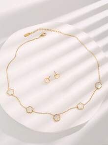 3pcs Fashion Stainless Steel Flower Decor Chain Necklace Earring Set For Women For Daily Life - Gold - View 3