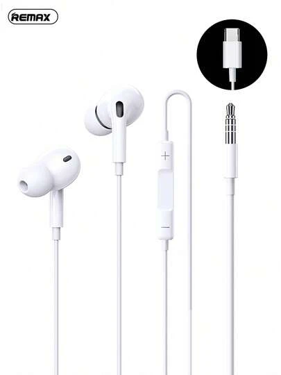REMAX RM-575 Wired Headphones: Ergonomic Earbuds For A Comfortable Fit, High-Definition Microphone For Calls, Cable Compatible With Apple, Huawei, And Xiaomi. White.