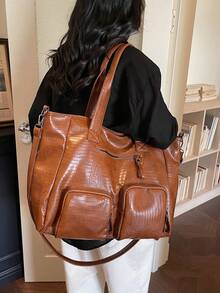 1pc Vintage Large Capacity Handbag, Vintage PU Shoulder Messenger Bag, Women Casual Tote Bag And Wallet - Brown - View 5