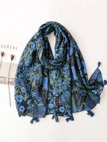 1件复古印花柔软棉麻保暖围巾/披肩，女士款，藏蓝色，时尚旅行配饰，防晒 - 彩色 - 查看 11