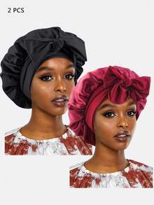 1 件女士仿丝睡帽，宽边，蝴蝶结装饰和头发包裹功能丝绸帽缎子帽情人节 - 酒紅色 - 查看 11