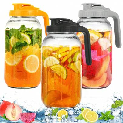3 Pack 64oz Glass Mason Jar Pitcher With Pour Spout Lid ,Airtight Lid And Handle– Wide Mouth, Leak-Proof, Ideal For Sun Tea, ,Breast Milk Storage,Cold Brew, Lemonade, Iced Coffee, Milk, And Water