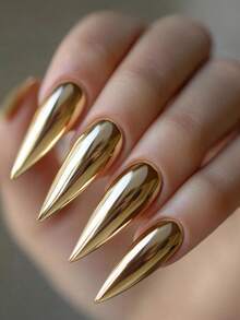 24pcs Gold Plated Gothic Style Nail Art False Nails, Removable Simple Nail Stickers For Women - Gold - View 8