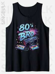 Men's Retro 80s Graphic Tank Top - "80's BRO" Design With Vintage Cassette Print, Comfy Sleeveless Shirt For Summer, Casual Loose Fit, Machine Washable, Casual Outings Apparel | Retro Graphic Tank | Knitted Texture Men's Tank Top – Lightweight Gym Clothes For Men, Breathable & Versatile Summer Essential For Workout, Street & Beach. - 黑色 - 查看 1