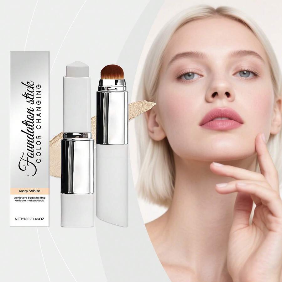 2 In 1 Color-Changing Foundation Stick, Ivory White, High Coverage Waterproof, Liquid Lightweight Moisturizing Brightening Foundation Color Changing With Brush Base For All Skin Types - 象牙白 - 查看 1