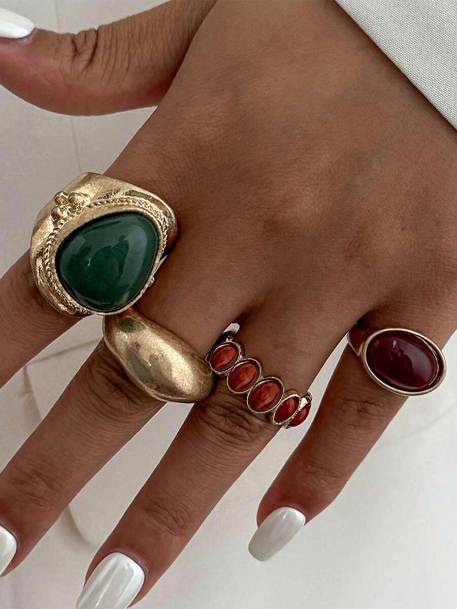 4 Stück/Set Vintage Luxus Französischer Stil Faux Edelstein Mehrschichtiges Münzen Design Ringe Schmuck für Frauen