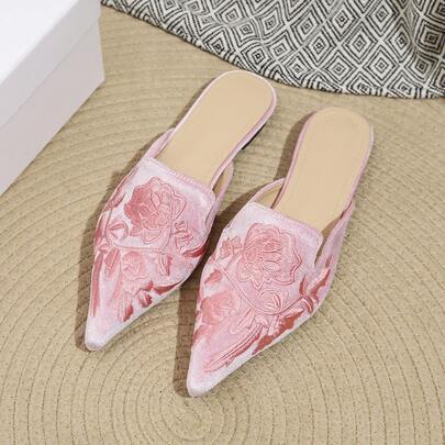 Vintage Backless Mule Slippers For Women, Embroidered Pointed Toe Flat Slip-On Sandals, Spring/Summer 2026 New Fashion