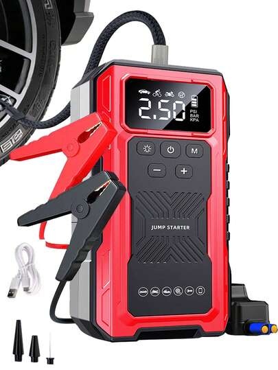 Air Compressor Jump Starter, Power Bank - Fast Phone Charging, Car Battery Charger, Emergency LED Light, Rapid Inflation, Tire Pressure Detection, Portable 12V Car Battery Booster