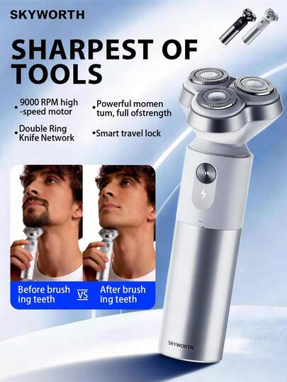 SKYWORTH 500mAh Capacity Electric Shaver, IPX7 Waterproof, Wet & Dry Use, Fully Washable, 3 Stainless Steel Blades, One-Touch Start, Available In Black & White, Suitable For Shower, Travel, Camping, Gym, Office, Bathroom, Bedroom And More