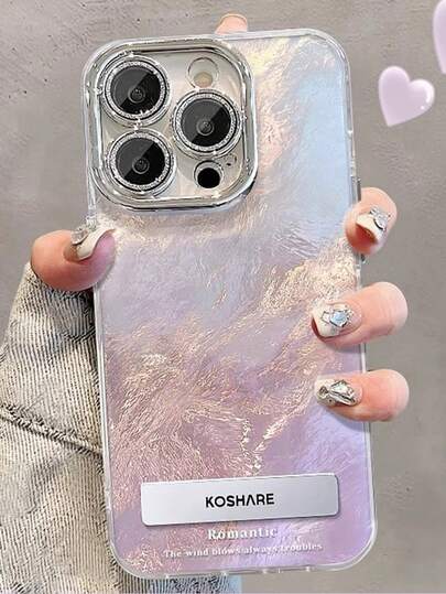 1pc Electroplated Glitter Full Coverage Gradient Purple Phone Case With 3D Metal Stand, Compatible With IPhone 11/12/13/14/15/16/17/Pro Max