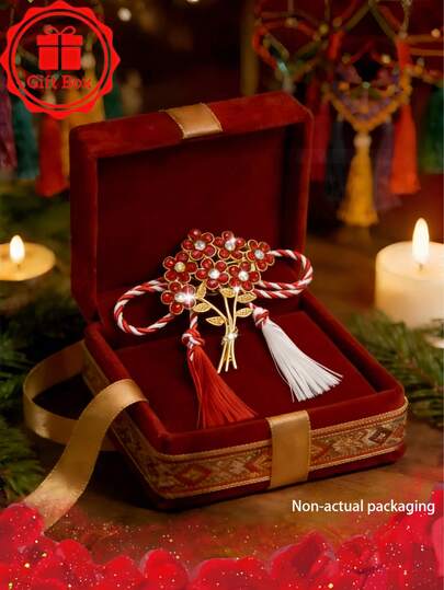 1pc Handmade Red & White Tassel Camellia Flower Brooch, Gift Box Included, Festive Style Accessory Suitable For Holiday Gifts And Family Gatherings