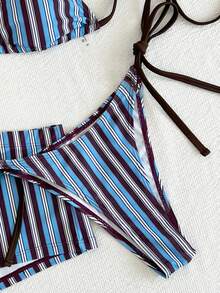 Bộ bikini 3 món dành cho nữ, họa tiết sọc phối màu mới, kiểu buộc dây phía trước, màu xanh nâu trắng, áo tắm hở lưng buộc dây kèm quần short đi biển dễ thương, thích hợp cho mùa xuân/hè đi biển, tiệc bể bơi, lễ tốt nghiệp, sinh nhật, khiêu vũ. - Nhiều màu - Xem 8