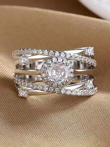 1枚优雅白色锆石交叉缠绕戒指，时尚设计 - 銀色 - 查看 3