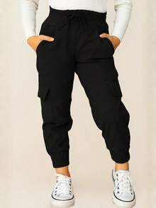 Girls' Denim Jeans With Pockets And Elastic Waistband, Blogger Style, Solid Colors, Back To School, Basic Casual Black. - 黑色 - 查看 1