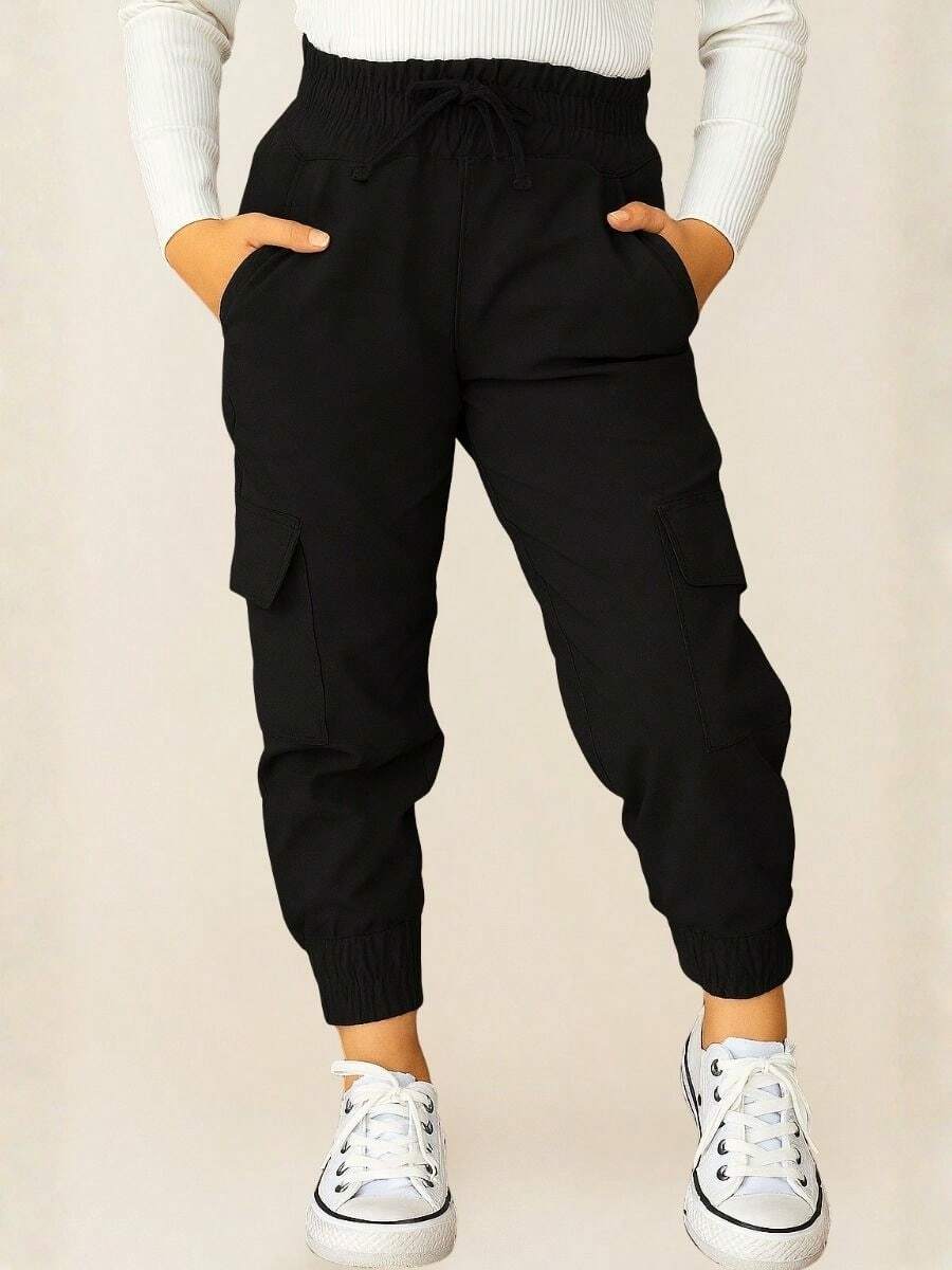 Girls' Denim Jeans With Pockets And Elastic Waistband, Blogger Style, Solid Colors, Back To School, Basic Casual Black. - 黑色 - 查看 1