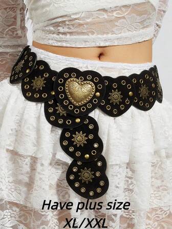 Große Größen XL/XXL Y2K Mädchen Taillengürtel, BOHO Teenager Herz Patchwork Nieten Dekor Western Stil Retro Taillengürtel Accessoire, schwarzer Taillengürtel, passend zu Röcken, Musikfestivals, Partys, Y2K, Große Größen, Valentinstag