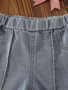 Baby Girls' Fashion Casual Cute Set, Stylish Bow 2 In 1 Shirt + Bow Tassel Denim Pants - Pink - View 7