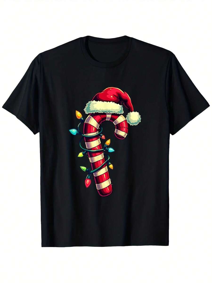 Camiseta navideña de bastón de caramelo para hombre: 100 % algodón, 180 g, manga corta, color negro, con estampado de bastón de caramelo y gorro de Papá Noel, cuello redondo, ideal para Halloween. - Negro 16 - Ver 1