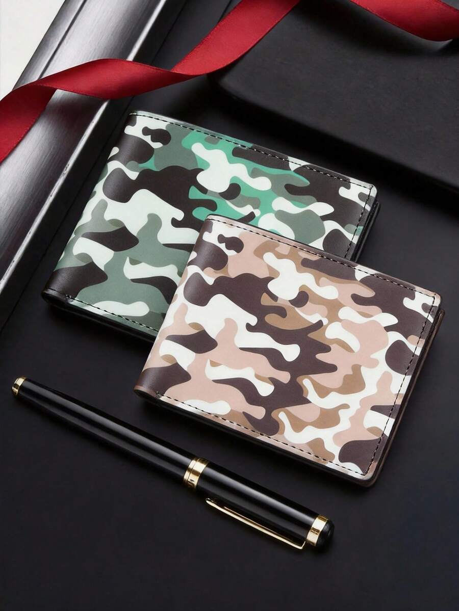 新款迷彩印花男女通用短款钱包，复古经典软皮钱包，大容量多卡位信用卡夹，男士钱包，男士礼物，情人节礼物，返校礼物 - 彩色 - 查看 1