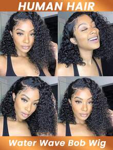 卷曲短波波头假发，真人发水波纹，4*4蕾丝闭合假发，透明蕾丝假发，水波纹真人发蕾丝闭合假发，适合女性日常佩戴 - Natural Black - 查看 6