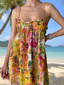 Summer Vacation Camisole Dress Oil Painting Floral Bow Loose Breathable For Beach Outing Sweet Spicy Style - 黃色 - 查看 3