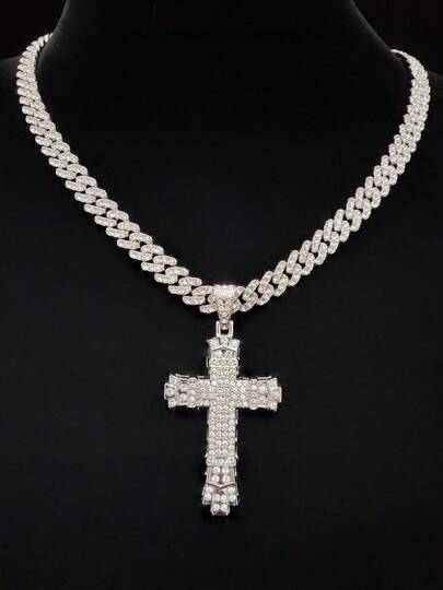 1个流行时尚嘻哈十字架吊坠和1条水钻链项链，男士嘻哈朋克十字架吊坠项链，复古首饰，适合日常佩戴或派对，情人节礼物