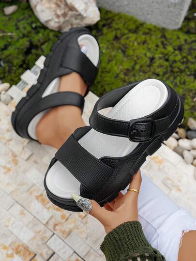 Sandalias de plataforma de tacón alto y punta redonda de unicolor para adolescentes, casuales, transpirables, cómodas y con hebilla ajustable