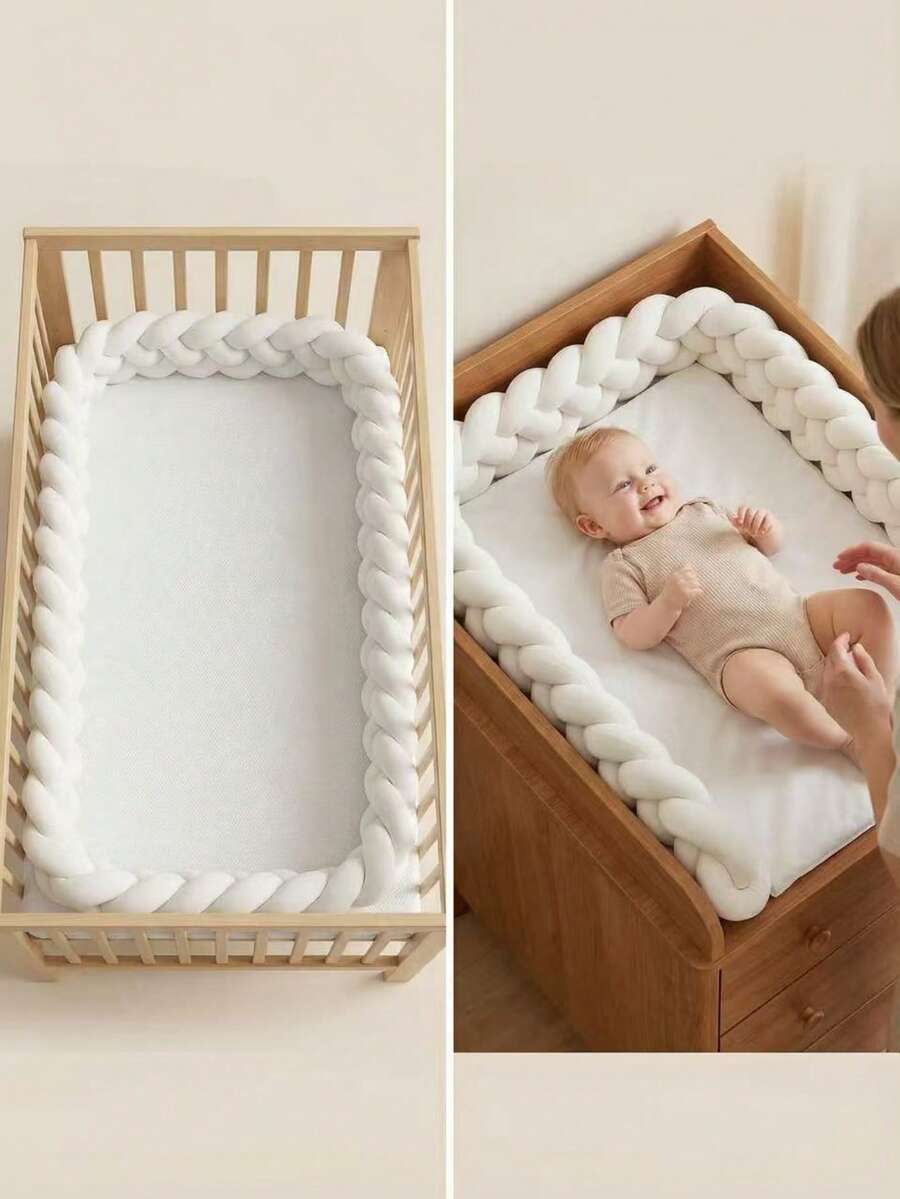 1pc Multi-Color Braided Knit Crib Bumper Pad, Infant Bed Fence Protector For Baby Crib, Bassinet, Changing Table, Stroller, Convertible Crib - Multicolor - View 1