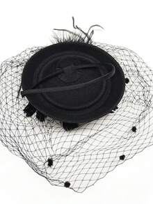 1 Peça Chapéu Fascinator Vintage Feminino dos Anos 20, 30 e 50, Charme Headpiece com Laço, Flor e Véu, Adequado para Casamento, Chá da Tarde - Preto - Visão 6