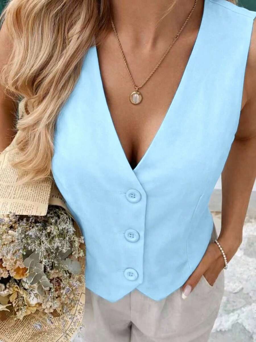 MICHELEE Elegant Women's Vest With V-Neck And Button Closure - Celeste - Ver 1