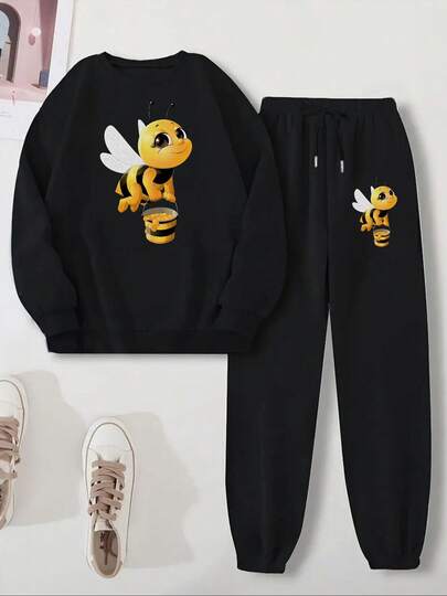 Women's New Autumn/Winter Hoodie Set, Cute Bee With Honey Bucket Printed Crew Neck Long-Sleeved Sweatshirt, Drawstring Pocket Pants, Casual Street Style Two-Piece Set.