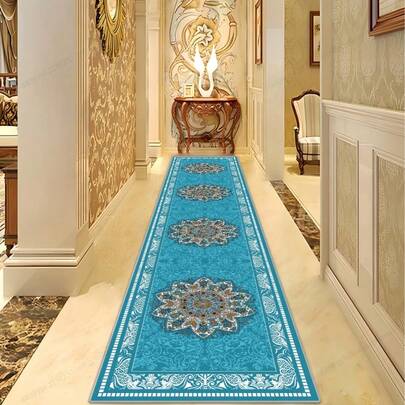 1pc Vintage Blue Floral Crystal Decor Carpet, Suitable For Hallway Runner, Rug, Long Carpet, Area Rug, Mat, Home Decor, Area Carpet, Living Room Area Rug, Living Room Home Decor, Room Decor, Washable Carpet