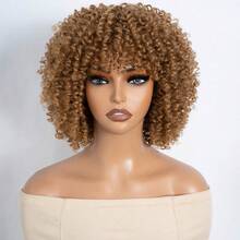 QVR QUEEN VIRGIN REMY QVR 非洲卷曲波波头假发，带刘海，真人发，佩戴方便，无需胶水，无蕾丝，蜜金色柔软原生雷米发，适合日常佩戴，200% 密度，易于佩戴，机织波波头假发，带刘海。 - S27 - 查看 10