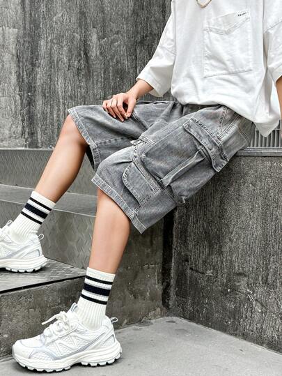 Boys' Loose Fit Cargo Denim Shorts, Suitable For Casual, School, Outdoor Wear In Summer