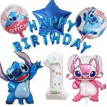 "Lilo & Stitch" und "Angel" Themen Geburtstagballon Set, beinhaltet Zahl-Folienballons, Stitch und Angel geformte Folienballons, "Alles Gute zum Geburtstag" Buchstabenballons, Sternballons, in blauen und rosa Tönen, ergibt einen süßen Cartoon-Stil, geeignet für Geburtstagsfeiern und thematische Veranstaltungen. - Verschiedenfarbig - Übersicht 3