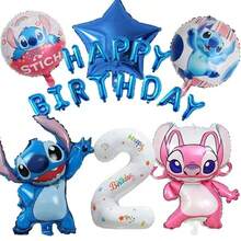 "Lilo & Stitch" und "Angel" Themen Geburtstagballon Set, beinhaltet Zahl-Folienballons, Stitch und Angel geformte Folienballons, "Alles Gute zum Geburtstag" Buchstabenballons, Sternballons, in blauen und rosa Tönen, ergibt einen süßen Cartoon-Stil, geeignet für Geburtstagsfeiern und thematische Veranstaltungen. - Verschiedenfarbig - Übersicht 12